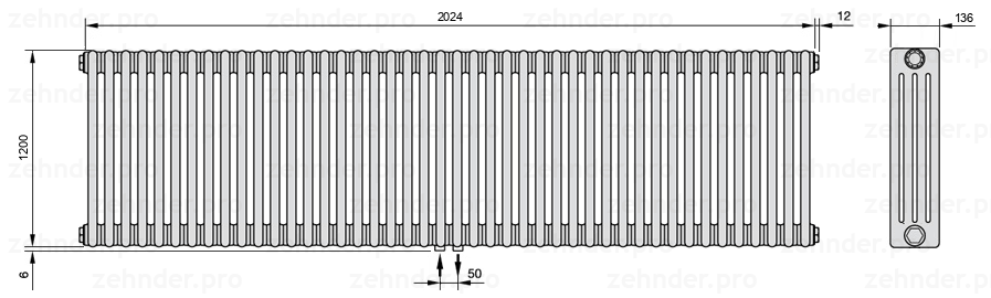 Схема (чертеж) Радиатор Zehnder Charleston 4120/44 №3470 Белый глянцевый RAL 9016
